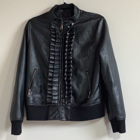 Evy’s  tree women's the Zoe black ruffle faux leather bomber jacket - Picture 1 of 6